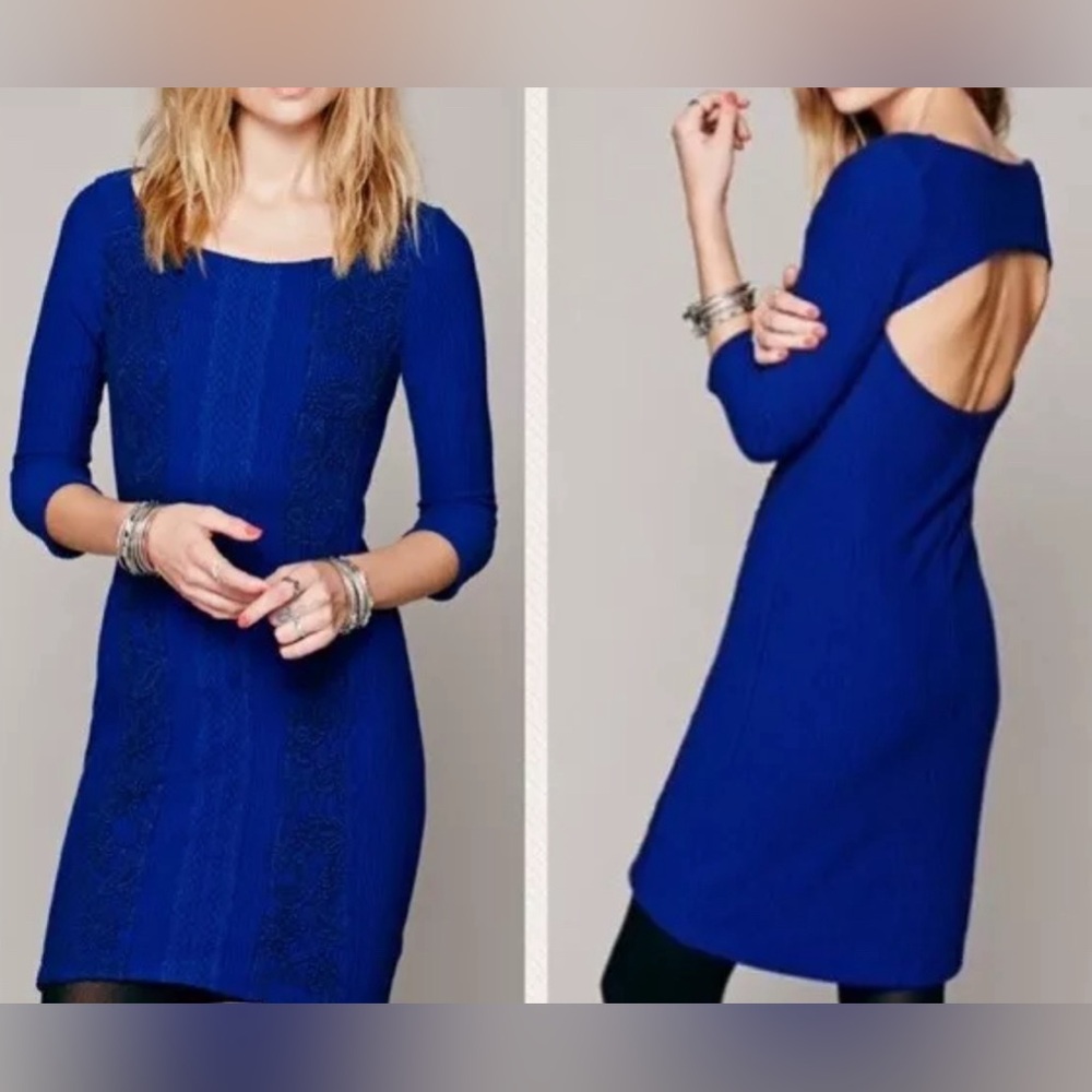 Free People Sweet Spicy Blue Sweater Dress Medium Crochet Lace Open Back Women’s